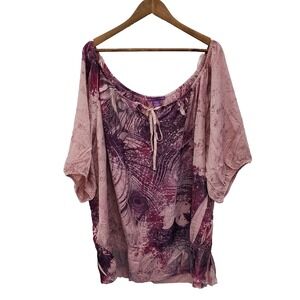 Beverly Drive Womens 24W 26W Purple Feather Print Peasant Blouse Boho